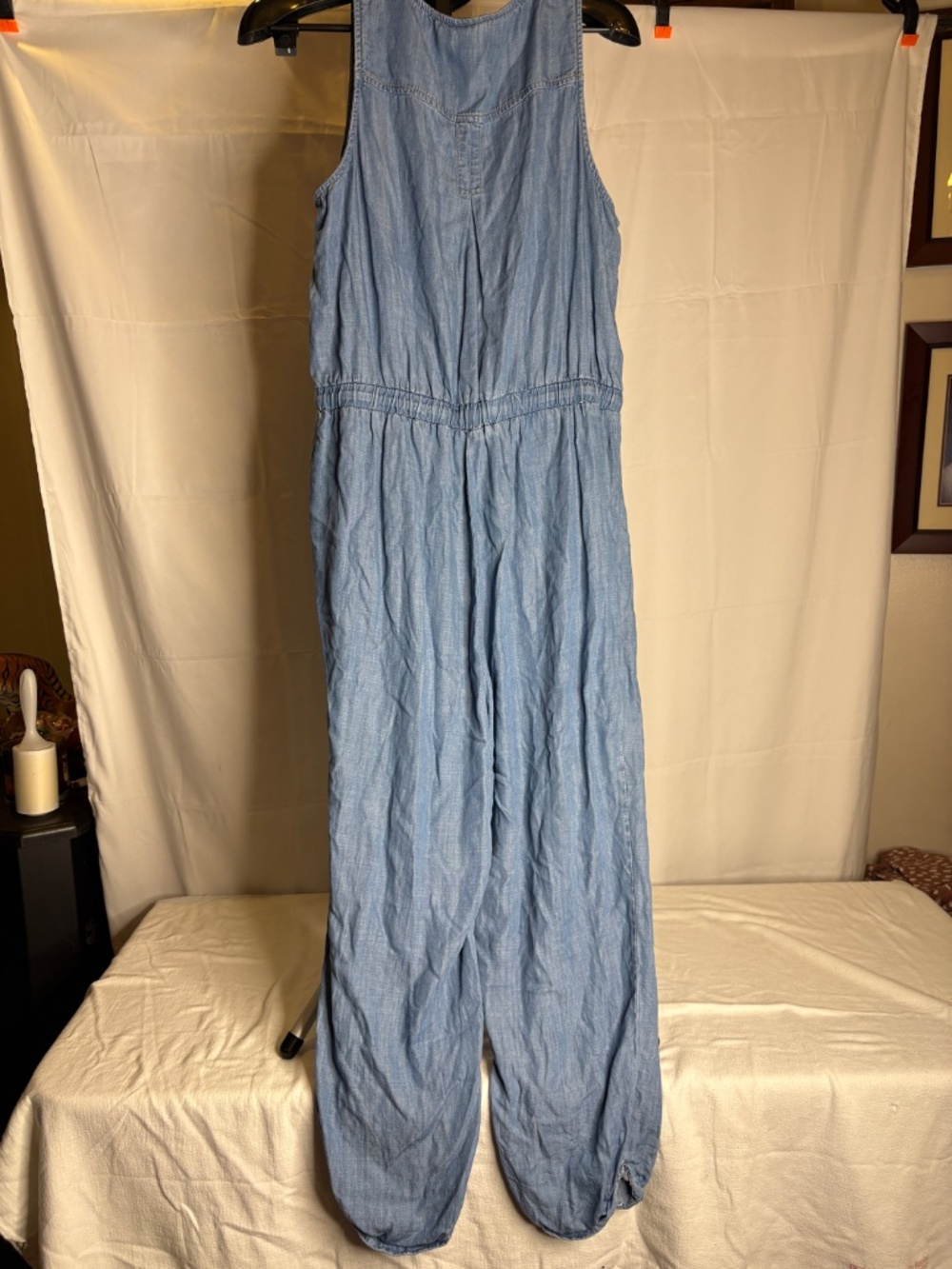 Knox Rose Chambray Denim Jumpsuit Button Front Tie Waist Sleeveless Women's Sz L - Picture 2 of 6